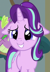 Size: 423x611 | Tagged: safe, screencap, character:spike, character:starlight glimmer, species:dragon, species:pony, species:unicorn, episode:a matter of principals, g4, my little pony: friendship is magic, cropped, cute, female, floppy ears, glimmerbetes, male, mare, offscreen character, smiling, solo focus, winged spike