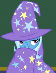 Size: 526x693 | Tagged: safe, screencap, character:trixie, species:pony, species:unicorn, episode:a matter of principals, g4, my little pony: friendship is magic, cape, clothing, cropped, female, hat, lidded eyes, mare, school of friendship, smiling, solo, trixie's cape, trixie's hat