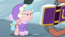 Size: 1920x1080 | Tagged: safe, screencap, character:cozy glow, species:pegasus, species:pony, episode:frenemies, g4, my little pony: friendship is magic, angry, animated, clothing, cozy glow is best facemaker, cozy glow is not amused, faec, female, filly, foal, friendship journal, hat, reaction image, rusty bucket, snow, sound, sweater, webm, winter outfit