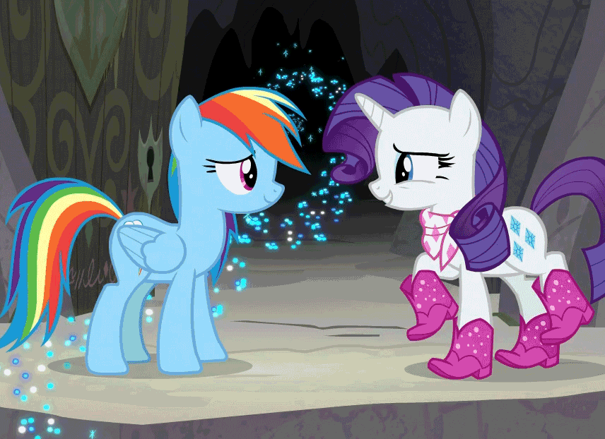 Size: 856x622 | Tagged: safe, screencap, character:rainbow dash, character:rarity, species:pegasus, species:pony, species:unicorn, episode:the end in friend, g4, my little pony: friendship is magic, animated, blinking, boots, cropped, cute, dashabetes, duo, eyes closed, female, glitter, glitter boots, hug, kiss and make up, looking at each other, mare, open mouth, raribetes, shoes, smiling