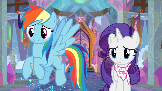 Size: 640x360 | Tagged: safe, screencap, character:rainbow dash, character:rarity, species:pony, episode:the end in friend, g4, my little pony: friendship is magic, animated, duo, glitter, laughing
