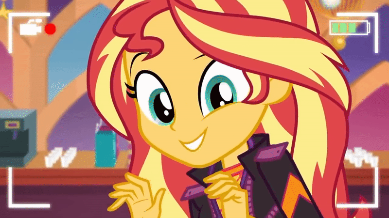 Size: 800x450 | Tagged: safe, screencap, character:sunset shimmer, episode:how to backstage, g4, my little pony:equestria girls, animated, backstage pass, clothing, cute, dancing, female, jacket, looking at you, recording, shimmerbetes, solo, sunset shimmy, swag swag swag swag swag, video