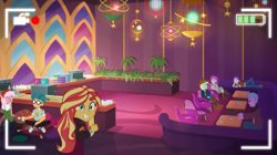 Size: 1267x711 | Tagged: safe, screencap, character:sunset shimmer, episode:how to backstage, g4, my little pony:equestria girls, background human, cool scarf guy, dakota verde, dirk thistleweed, doodle bug, female, male, raspberry lilac, violet wisteria