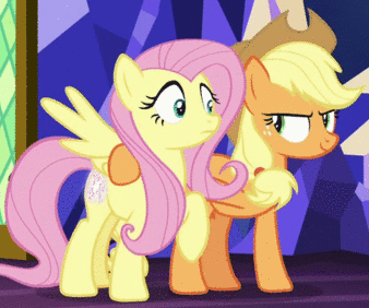 Size: 338x282 | Tagged: safe, screencap, character:applejack, character:fluttershy, species:earth pony, species:pegasus, species:pony, episode:sounds of silence, g4, my little pony: friendship is magic, animated, cropped, duo, female, glowing cutie mark, hoof around neck, laughing, lidded eyes, mare, nervous, nervous laugh, open mouth, out of context, raised eyebrow, raised hoof, smiling, twilight's castle, wide eyes, wings