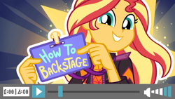 Size: 1920x1080 | Tagged: safe, screencap, character:sunset shimmer, episode:how to backstage, g4, my little pony:equestria girls, cute, shimmerbetes, smiling, solo, title card