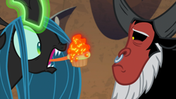 Size: 1920x1080 | Tagged: safe, screencap, character:lord tirek, character:queen chrysalis, species:centaur, species:changeling, episode:frenemies, g4, my little pony: friendship is magic, changeling queen, cupcake, duo, female, food, long tongue, magic, male, nose piercing, nose ring, piercing, tongue out, uncomfortable