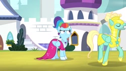 Size: 1702x957 | Tagged: safe, screencap, character:rainbow dash, character:zephyr breeze, species:pony, episode:sparkle's seven, g4, my little pony: friendship is magic, clothing, dress, grumpy, megaradash, out of context, rainbow dash always dresses in style, rainbow dash is not amused, royal guard zephyr breeze, unamused