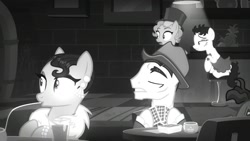 Size: 1702x957 | Tagged: safe, screencap, character:cleopatra jazz, species:pony, episode:sparkle's seven, g4, my little pony: friendship is magic, background pony, bar, betty hoof, card, clothing, dress, female, grayscale, hat, hoof hold, looking at someone, male, mare, marelene dietrot, monochrome, noir, playing card, stallion, surprised