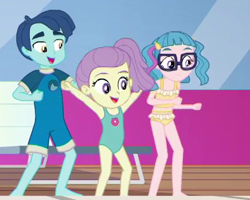 Size: 444x355 | Tagged: safe, screencap, episode:i'm on a yacht, g4, my little pony:equestria girls, barefoot, bikini, children, clothing, cropped, cute, feet, female, glasses, henry handle, legs, lily pad (equestria girls), male, manestrum, midriff, one-piece swimsuit, smiling, swimsuit, technicolor waves, trio