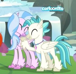 Size: 585x566 | Tagged: safe, screencap, character:silverstream, character:terramar, species:classical hippogriff, species:hippogriff, episode:student counsel, brother and sister, cartoonito logo, cropped, eyes closed, female, male, siblings