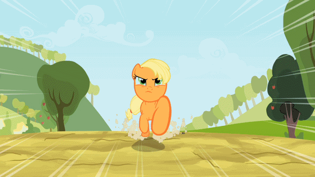 Size: 640x360 | Tagged: safe, screencap, character:applejack, species:earth pony, species:pony, episode:the last roundup, g4, my little pony: friendship is magic, animated, female, gif, jumping, mare, running, solo