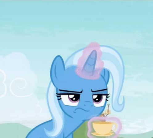 Size: 496x450 | Tagged: safe, screencap, character:trixie, species:pony, species:unicorn, episode:student counsel, angry tea drinking, animated, cropped, cup, drinking, female, food, loop, magic, magic aura, mare, solo, tea, teacup, telekinesis