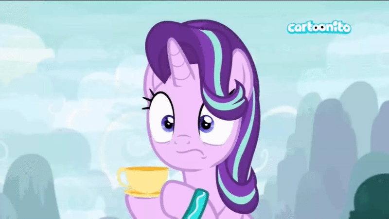 Size: 800x450 | Tagged: safe, screencap, character:starlight glimmer, species:pony, species:unicorn, episode:student counsel, animated, bracelet, cartoonito logo, cup, female, jewelry, mare, nervous laugh, solo, teacup