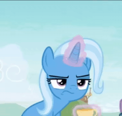 Size: 760x720 | Tagged: safe, screencap, character:trixie, species:pony, species:unicorn, episode:student counsel, angry tea drinking, animated, cropped, cup, drinking, female, food, magic, magic aura, mare, sound, tea, teacup, telekinesis, webm