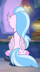 Size: 381x672 | Tagged: safe, screencap, character:silverstream, species:classical hippogriff, species:hippogriff, episode:student counsel, animation error, book, cropped, female, rear view, sitting, solo, treehouse of harmony