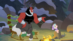 Size: 1920x1080 | Tagged: safe, screencap, character:cozy glow, character:lord tirek, species:pegasus, species:pony, episode:frenemies, g4, my little pony: friendship is magic, campfire, chair, duo, female, filly, sitting, tongue out