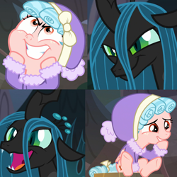 Size: 1400x1400 | Tagged: safe, screencap, character:cozy glow, character:queen chrysalis, species:changeling, species:pegasus, species:pony, episode:frenemies, g4, my little pony: friendship is magic, changeling queen, cozy glow is best facemaker, face, faec, female, filly, foal