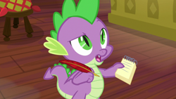 Size: 1920x1080 | Tagged: safe, screencap, character:spike, species:dragon, episode:the point of no return, g4, my little pony: friendship is magic, male, notepad, quill, solo, the tasty treat, winged spike
