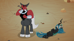 Size: 1920x1080 | Tagged: safe, screencap, character:lord tirek, character:queen chrysalis, species:centaur, species:changeling, species:pony, episode:frenemies, g4, my little pony: friendship is magic, better way to be bad, blindfold, bracer, changeling queen, cloven hooves, colored hooves, crown, cute, duo, duo male and female, female, frown, hand on cheek, jewelry, male, mare, nose piercing, nose ring, on back, piercing, regalia, standing, tirebetes, trust fall