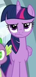 Size: 354x753 | Tagged: safe, screencap, character:spike, character:twilight sparkle, character:twilight sparkle (alicorn), species:alicorn, species:dragon, species:pony, episode:newbie dash, g4, my little pony: friendship is magic, cropped, disappointed, female, frown, grumpy, grumpy twilight, male, mare, offscreen character, solo focus, twilight is not amused, unamused