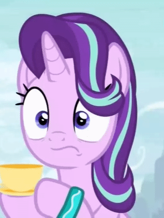 Size: 328x435 | Tagged: safe, screencap, character:starlight glimmer, species:pony, species:unicorn, episode:student counsel, animated, bracelet, cropped, cup, cute, drink, female, glimmerbetes, hoof hold, jewelry, mare, nervous grin, nervous laugh, smiling, solo, starlight's bracelet, teacup