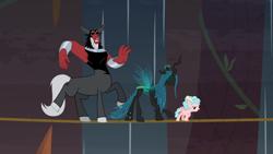 Size: 1920x1080 | Tagged: safe, screencap, character:cozy glow, character:lord tirek, character:queen chrysalis, species:centaur, species:changeling, species:pegasus, species:pony, episode:frenemies, g4, my little pony: friendship is magic, better way to be bad, bow, changeling queen, cloven hooves, female, filly, foal, hair bow, losers club, male, nose piercing, nose ring, piercing, rope, tightrope, trio