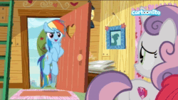 Size: 1280x720 | Tagged: safe, screencap, character:apple bloom, character:applejack, character:babs seed, character:pipsqueak, character:rainbow dash, character:rarity, character:scootaloo, character:sweetie belle, species:earth pony, species:pegasus, species:pony, species:unicorn, episode:the last crusade, g4, my little pony: friendship is magic, aaugh!, animated, apple, cartoonito logo, clubhouse, colt, crusaders clubhouse, crying, cutie mark, cutie mark crusaders, female, filly, flower, foal, food, male, mare, no sound, picture frame, the cmc's cutie marks, ticket, tree, uvula, webm