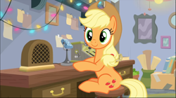 Size: 1368x768 | Tagged: safe, screencap, character:applejack, species:earth pony, species:pony, episode:best gift ever, episode:mystery voice, g4, my little pony: friendship is magic, applejack's hat, clothing, cowboy hat, cute, desk, female, hat, hearth's warming shorts, jackabetes, looking at you, mare, microphone, radio, sitting, smiling, solo