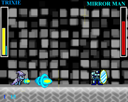 Size: 1076x857 | Tagged: safe, screencap, character:trixie, species:pony, arm cannon, game screencap, health bars, megaman, megapony, mirror, mirror man, robot, video game