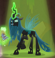 Size: 637x673 | Tagged: safe, screencap, character:queen chrysalis, species:changeling, episode:frenemies, g4, my little pony: friendship is magic, better way to be bad, changeling queen, cropped, evil grin, female, glowing horn, grin, horn, magic, raised hoof, smiling, solo, spotlight, telekinesis