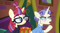 Size: 1920x1080 | Tagged: safe, screencap, character:moondancer, species:pony, species:unicorn, episode:the point of no return, g4, my little pony: friendship is magic, clothing, duo, female, first folio, glasses, mare, raised hoof, sweater, the tasty treat