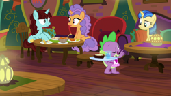 Size: 1920x1080 | Tagged: safe, screencap, character:mystic moonlight, character:pretzel twist, character:say cheese, character:spike, species:dragon, episode:the point of no return, g4, my little pony: friendship is magic, apron, clothing, naked apron, one eye closed, the tasty treat, winged spike, wink