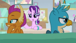 Size: 1920x1080 | Tagged: safe, screencap, character:gallus, character:smolder, character:starlight glimmer, episode:student counsel, animated, cartoonito logo, sound, starlight's office, webm