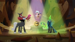 Size: 1920x1080 | Tagged: safe, screencap, character:cozy glow, character:lord tirek, character:queen chrysalis, species:centaur, species:changeling, species:pegasus, species:pony, episode:frenemies, g4, my little pony: friendship is magic, better way to be bad, bow, changeling queen, cloven hooves, colored hooves, cozybetes, crystal ball, cute, cutealis, evil lair, female, filly, flying, foal, glowing horn, grogar's lair, grogar's orb, hair bow, holding, horn, implied pinkie pie, implied rarity, implied twilight sparkle, lair, looking at you, losers club, magic, magic aura, male, nose piercing, nose ring, open mouth, piercing, plushie, singing, smiling, smiling at you, spotlight, standing, telekinesis, tirebetes, trio, wall of tags