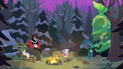 Size: 2100x1180 | Tagged: safe, screencap, character:cozy glow, character:lord tirek, character:queen chrysalis, species:centaur, species:changeling, species:pegasus, species:pony, episode:frenemies, g4, my little pony: friendship is magic, bare tree, blurry, bow, campfire, chair, changeling queen, clothing, cloven hooves, cocoon, crossed arms, female, filly, foal, food, forest, freckles, hair bow, hat, log, losers club, male, marshmallow, nose piercing, nose ring, ophiotaurus, piercing, pine tree, sitting, snow, tree, tree stump, upside down, winter outfit