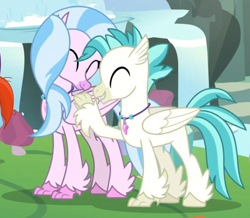 Size: 1082x943 | Tagged: safe, screencap, character:silverstream, character:sunburst, character:terramar, species:hippogriff, episode:student counsel, brother and sister, cropped, cute, diastreamies, eyes closed, female, hug, jewelry, male, necklace, offscreen character, siblings, smiling, terrabetes, wings