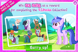 Size: 1038x693 | Tagged: safe, gameloft, official, screencap, character:claude, character:coloratura, character:countess coloratura, character:fashion plate, character:mochaccino, character:rare find, character:sassy saddles, character:sea swirl, character:svengallop, species:earth pony, species:pony, species:unicorn, advertisement, background pony, collar, crack is cheaper, female, male, mare, sparkling, stallion