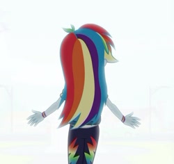 Size: 1061x1003 | Tagged: safe, screencap, character:rainbow dash, episode:run to break free, g4, my little pony:equestria girls, arms wide open, cropped, light, rear view, solo