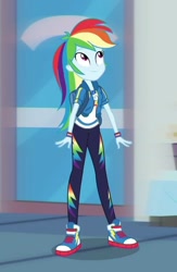 Size: 574x880 | Tagged: safe, screencap, character:rainbow dash, episode:run to break free, g4, my little pony:equestria girls, converse, cropped, cute, dashabetes, female, geode of super speed, magical geodes, shoes, smiling, sneakers, solo