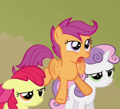 Size: 416x378 | Tagged: safe, screencap, character:apple bloom, character:scootaloo, character:sweetie belle, species:pegasus, species:pony, episode:one bad apple, g4, my little pony: friendship is magic, angry, animated, cutie mark crusaders, fluttering, flying, scootaloo is not amused
