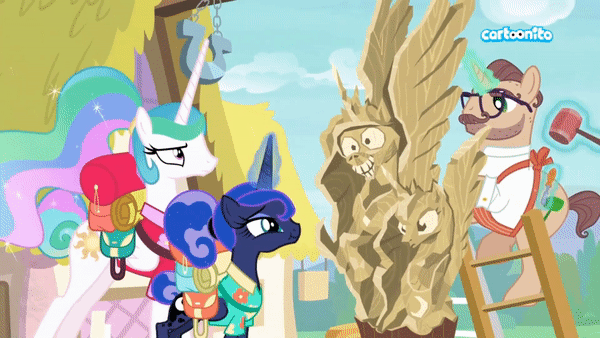 Size: 600x338 | Tagged: safe, screencap, character:princess celestia, character:princess luna, character:vino veritas, species:pony, species:unicorn, episode:between dark and dawn, g4, my little pony: friendship is magic, alternate hairstyle, animated, beautiful, cartoonito logo, celestia is not amused, female, gif, glowing horn, hammer, horn, luggage, magic, magic aura, male, mare, ponyville, raised hoof, royal sisters, satisfied, sisterly love, stallion, statue, stubble, telekinesis, trio, unamused, wood