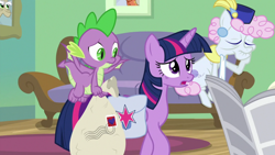 Size: 1920x1080 | Tagged: safe, screencap, character:chelsea porcelain, character:spike, character:twilight sparkle, character:twilight sparkle (alicorn), species:alicorn, species:dragon, species:pony, episode:the point of no return, g4, my little pony: friendship is magic, bag, couch, saddle bag, winged spike