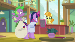 Size: 1920x1080 | Tagged: safe, screencap, character:spike, character:teddie safari, character:twilight sparkle, character:twilight sparkle (alicorn), species:alicorn, species:dragon, species:pony, episode:the point of no return, g4, my little pony: friendship is magic, bag, female, male, saddle bag, winged spike