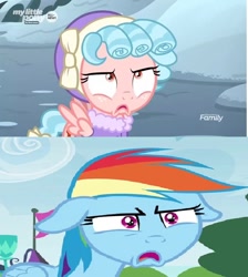 Size: 736x820 | Tagged: safe, screencap, character:cozy glow, character:rainbow dash, species:pegasus, species:pony, episode:frenemies, episode:trade ya, g4, my little pony: friendship is magic, comparison, cozy glow is best facemaker, cozy glow is not amused, cozybetes, cute, faec, female, filly, floppy ears, foal, rainbow dash is best facemaker