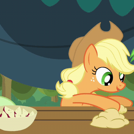 Size: 450x450 | Tagged: safe, screencap, character:applejack, episode:apple family reunion, g4, my little pony: friendship is magic, animated, apple fritter (food), assembly line, dexterous hooves, dough, food