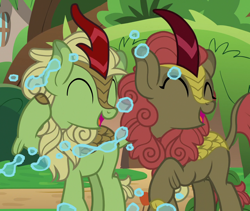 Size: 1280x1080 | Tagged: safe, screencap, character:forest fall, character:maple brown, species:kirin, episode:sounds of silence, g4, my little pony: friendship is magic, cropped, duo, eyes closed, female, male, open mouth, smiling, splash