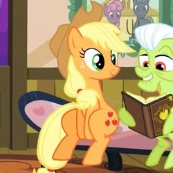 Size: 400x400 | Tagged: safe, screencap, character:applejack, character:granny smith, species:earth pony, species:pony, episode:apple family reunion, g4, my little pony: friendship is magic, book, cropped, duo, female, mare, reading, sitting, sitting up