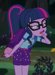 Size: 448x611 | Tagged: safe, screencap, character:sunset shimmer, character:twilight sparkle, character:twilight sparkle (scitwi), species:eqg human, my little pony:equestria girls, camp everfree outfits, cropped, female, glasses, legend of everfree - bloopers, offscreen character, ponytail, snarf