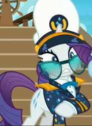 Size: 1024x1398 | Tagged: safe, screencap, character:rarity, species:pony, species:unicorn, episode:p.p.o.v. (pony point of view), g4, my little pony: friendship is magic, boat, captain hat, captain rarity, clothing, cropped, female, hat, mare, raised hoof, ship, solo focus, sunglasses