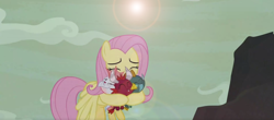 Size: 1896x832 | Tagged: safe, screencap, character:fluttershy, species:dragon, species:pegasus, species:pony, episode:sweet and smoky, g4, my little pony: friendship is magic, baby, baby cinder, baby dragon, baby rubble, baby sparks, cute, dawwww, fluttermom, hug, lens flare, shyabetes